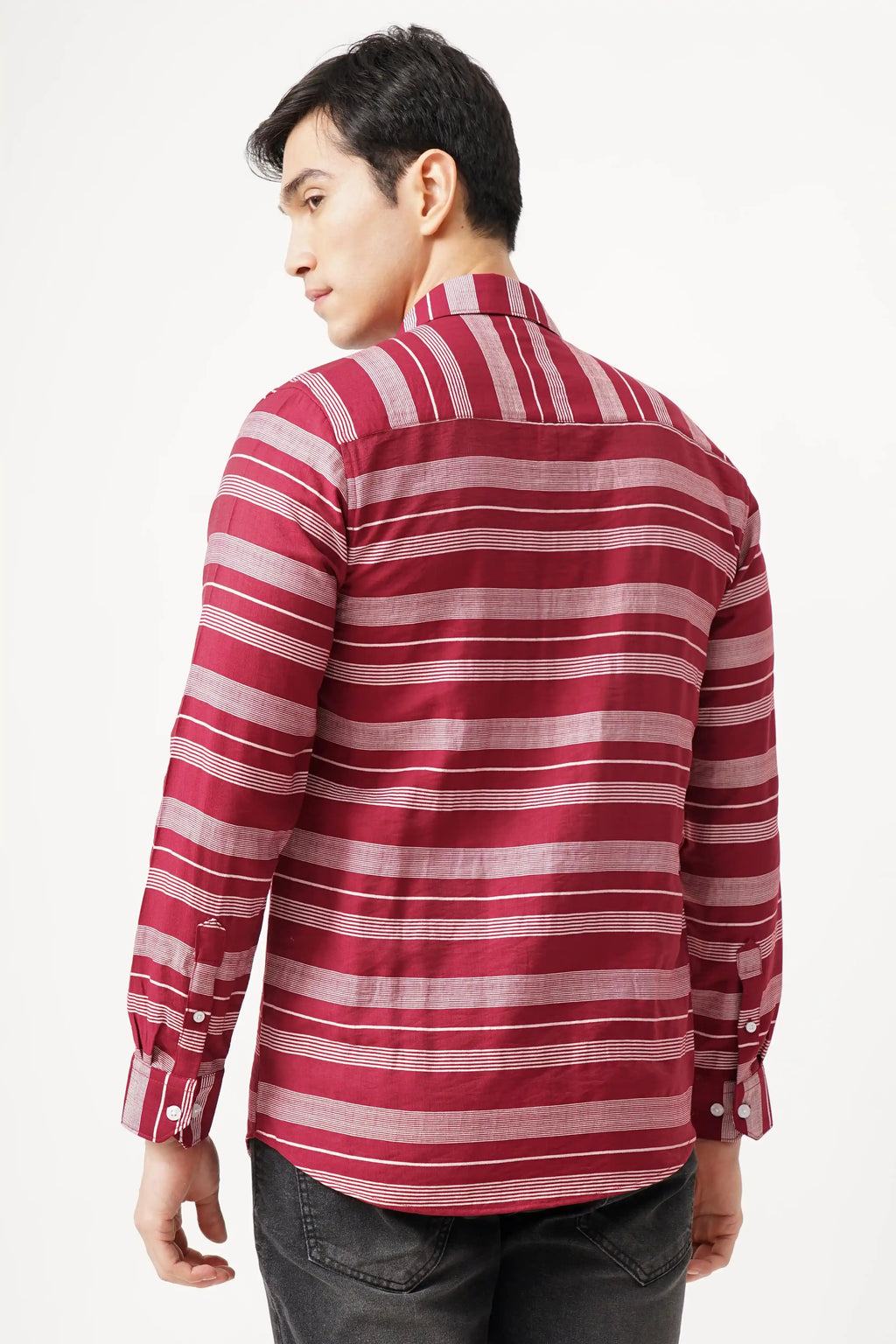 Redune striped shirt, vibrant red pattern, breathable cotton blend, modern flair, comfort fit.