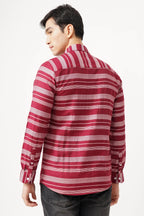 Redune striped shirt, vibrant red pattern, breathable cotton blend, modern flair, comfort fit.