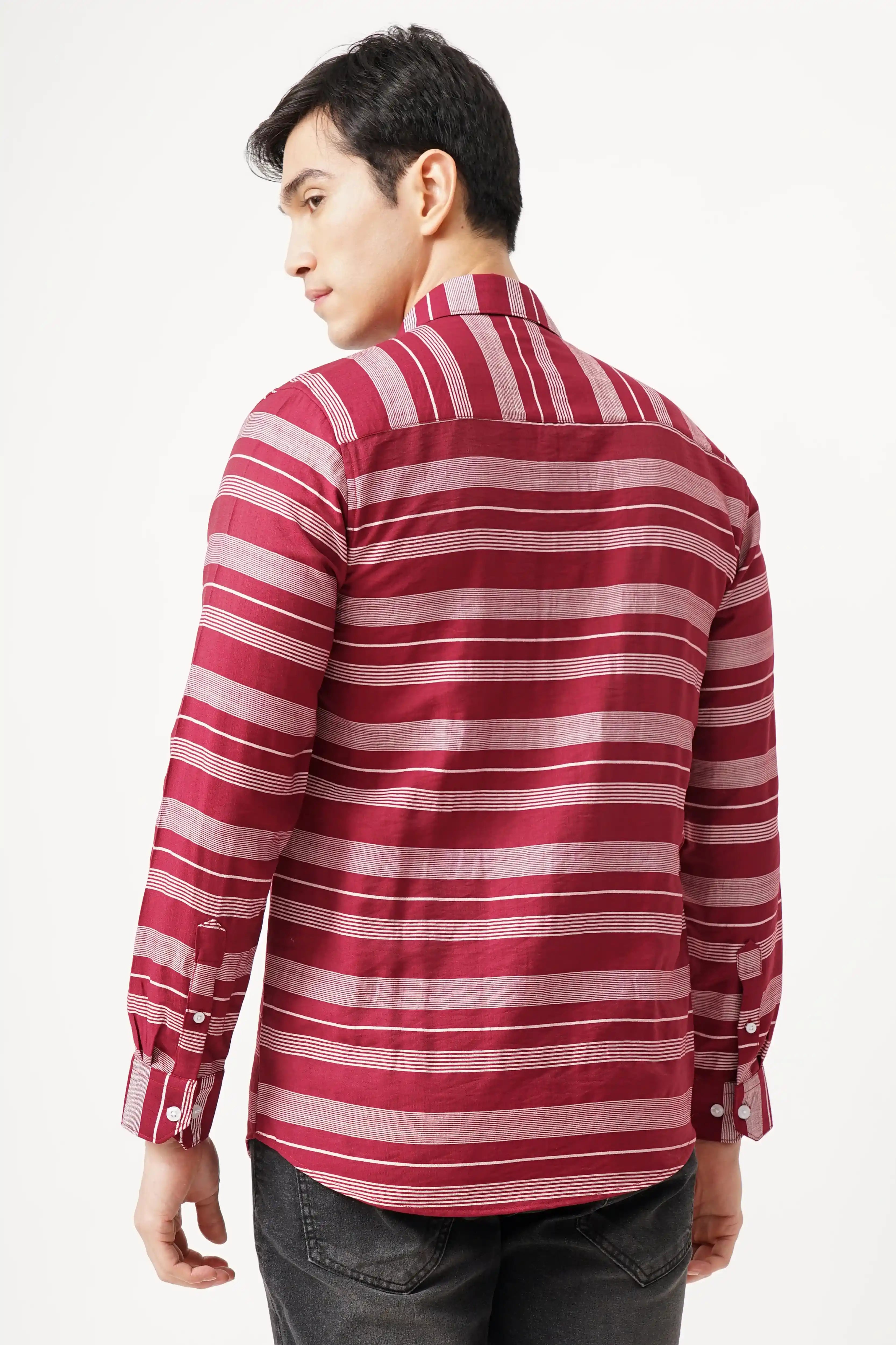 Redune striped shirt, vibrant red pattern, breathable cotton blend, modern flair, comfort fit.
