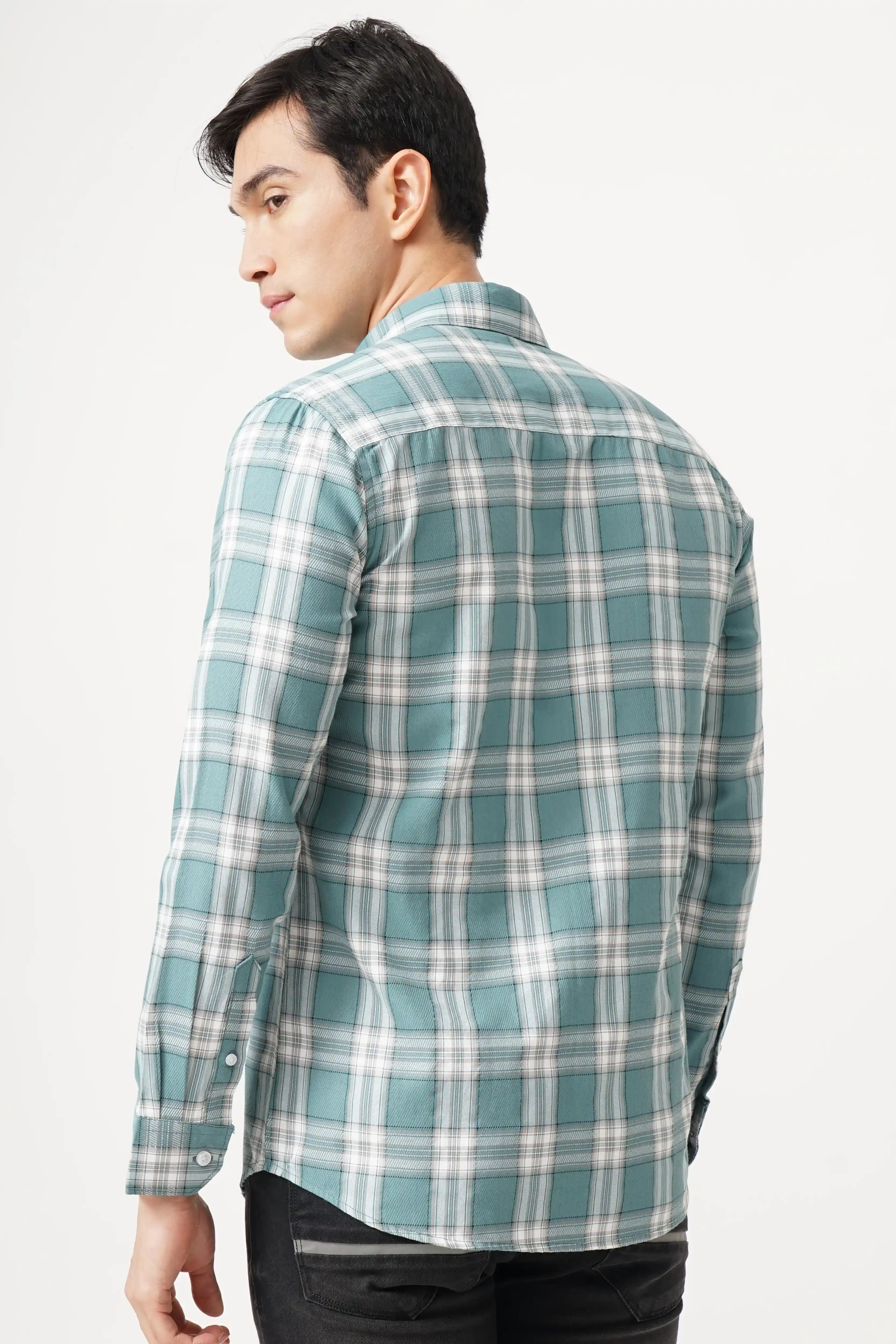 BRUMIX CHECK SHIRT for men in green and white checkered pattern, comfort fit, premium cotton fabric.