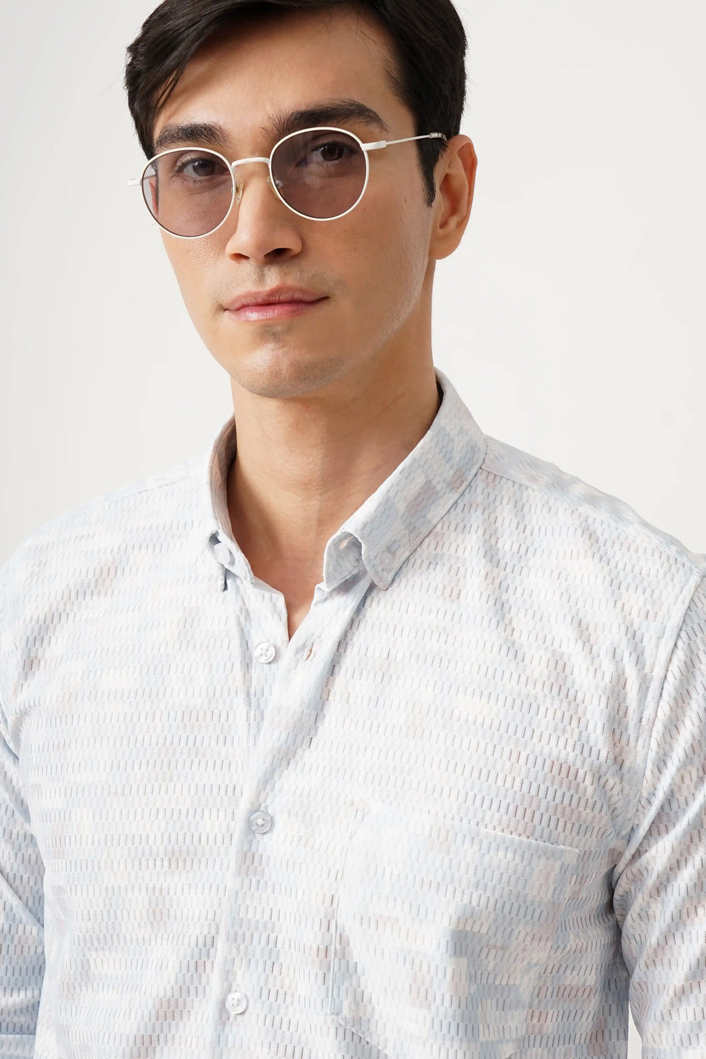 Cotlite Blue Printed Shirt with subtle viscose pattern and comfort fit.