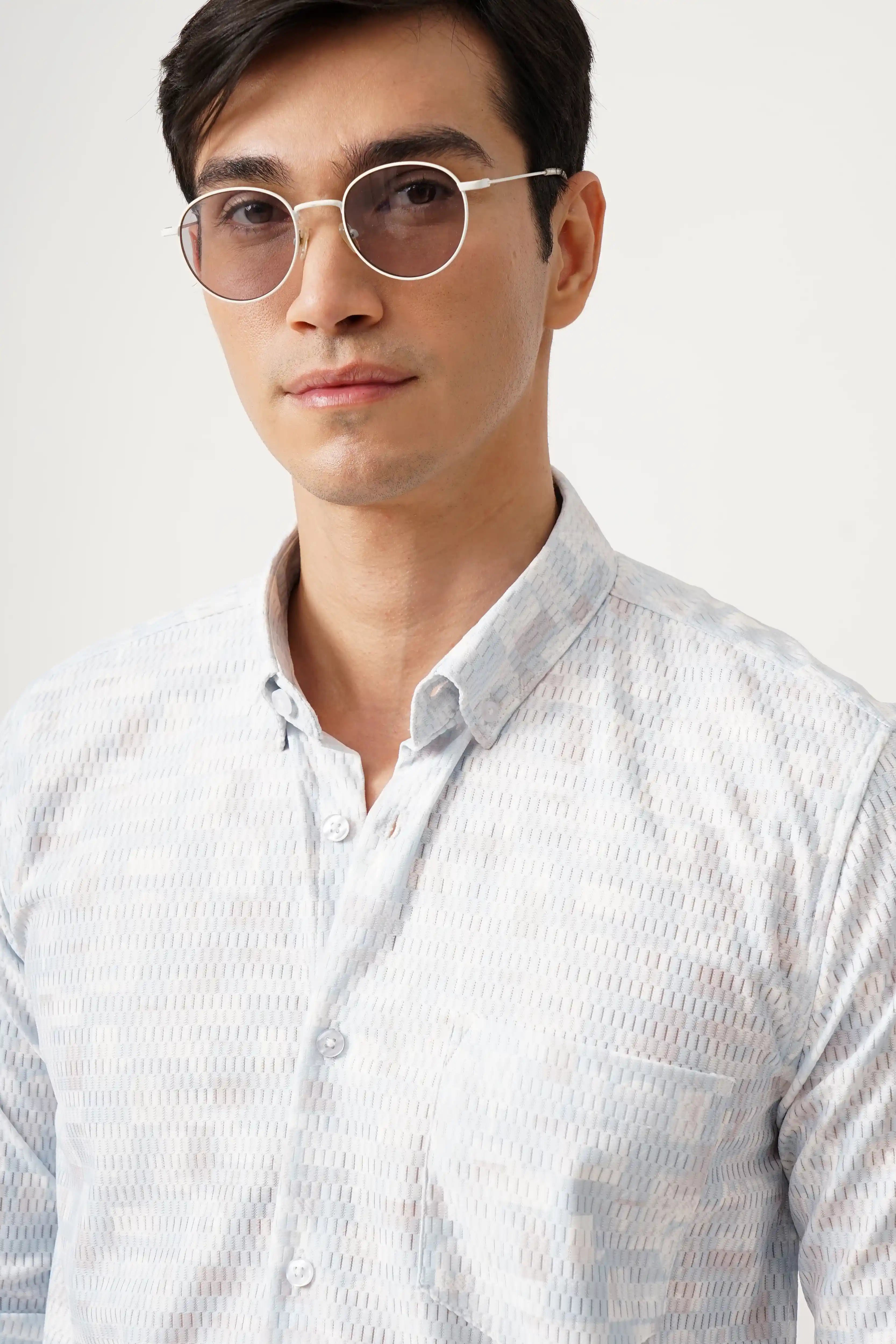 Cotlite Blue Printed Shirt with subtle viscose pattern and comfort fit.