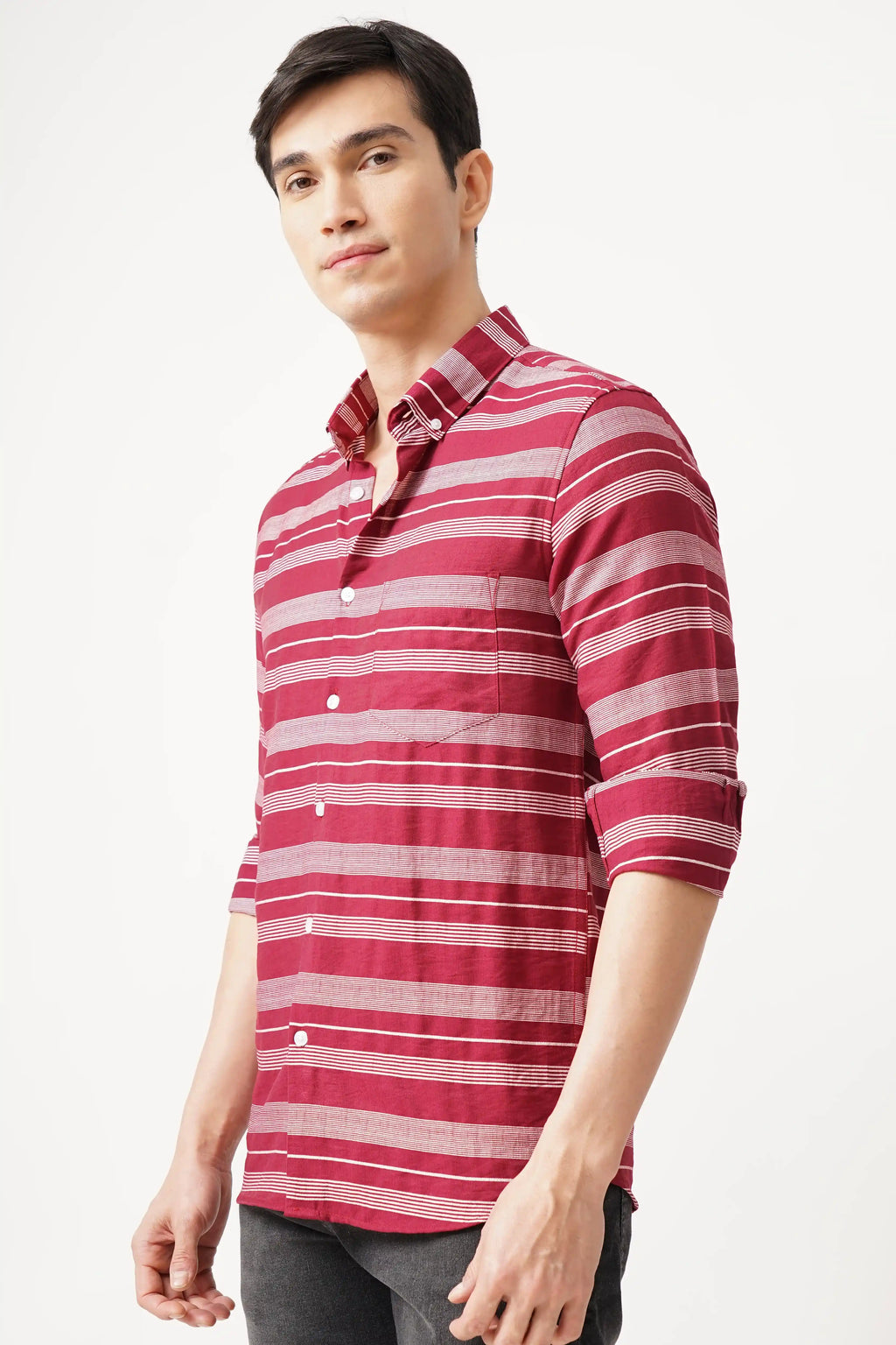 Redune striped shirt with bold red lines, featuring a comfort fit and modern design.