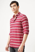 Redune striped shirt with bold red lines, featuring a comfort fit and modern design.