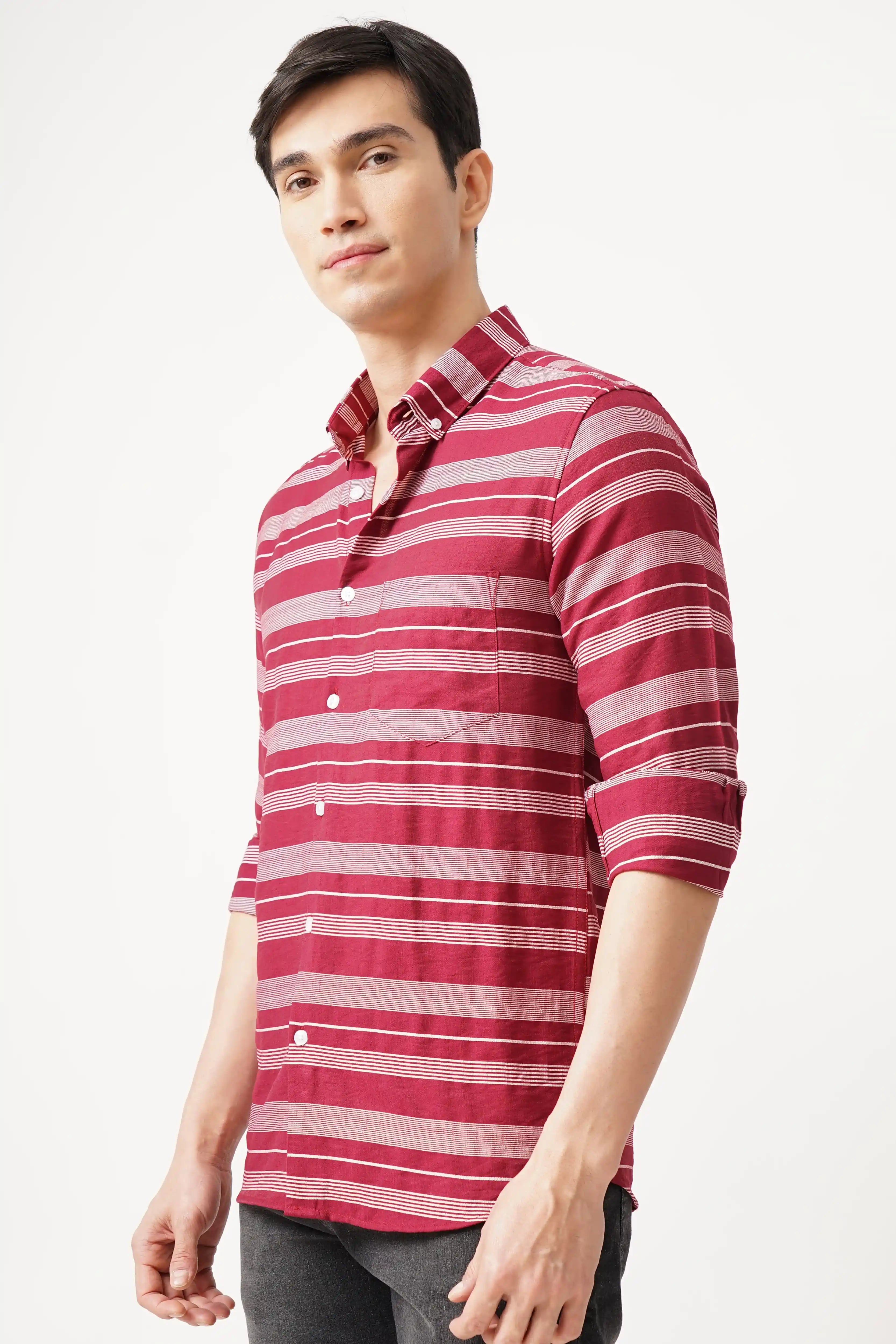 Redune striped shirt with bold red lines, featuring a comfort fit and modern design.