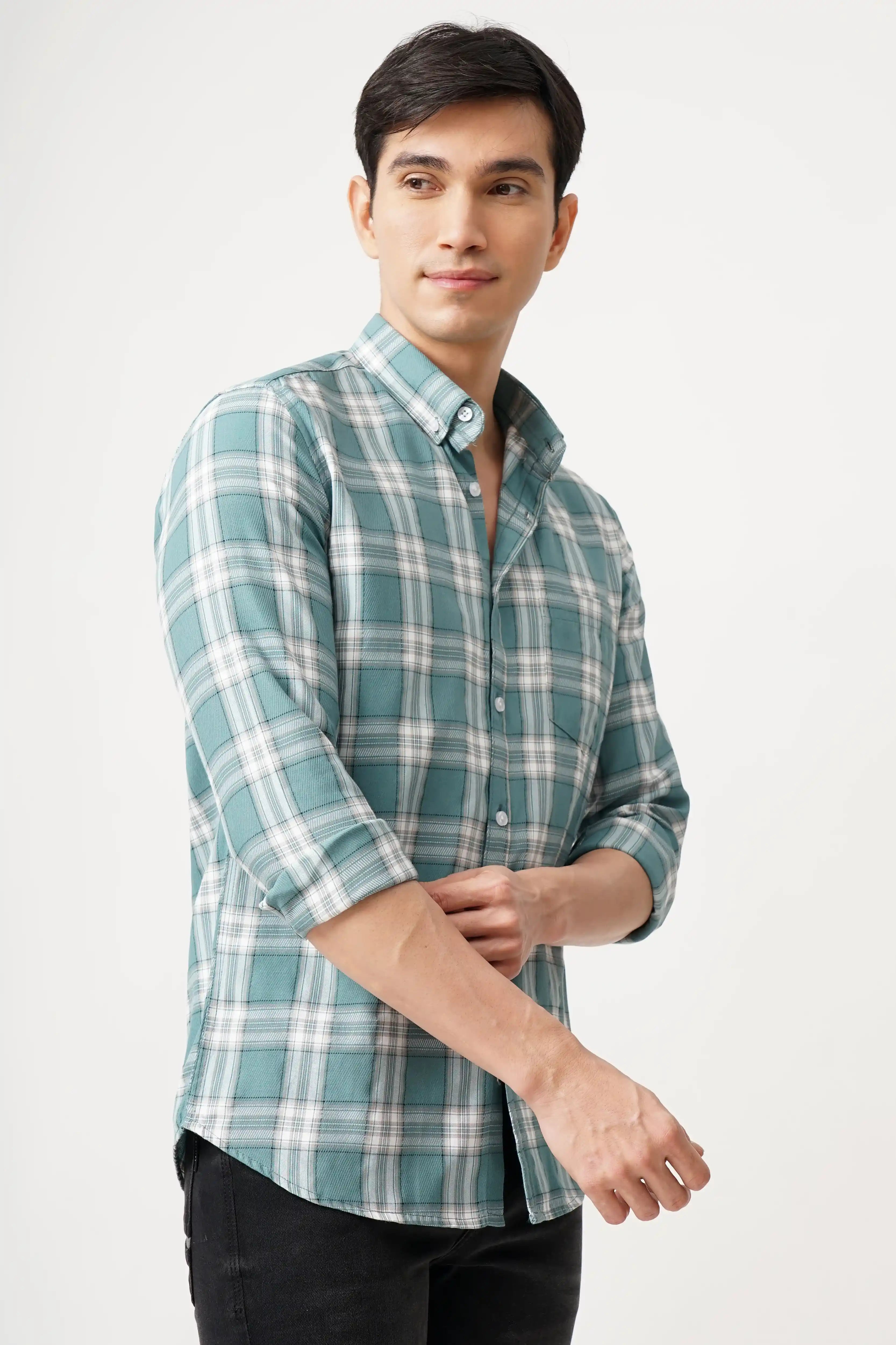 BRUMIX CHECK SHIRT in green plaid pattern, comfort fit, premium cotton fabric.