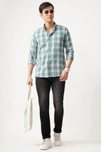 BRUMIX CHECK SHIRT with cotton fabric and comfort fit, styled with black jeans and white sneakers.