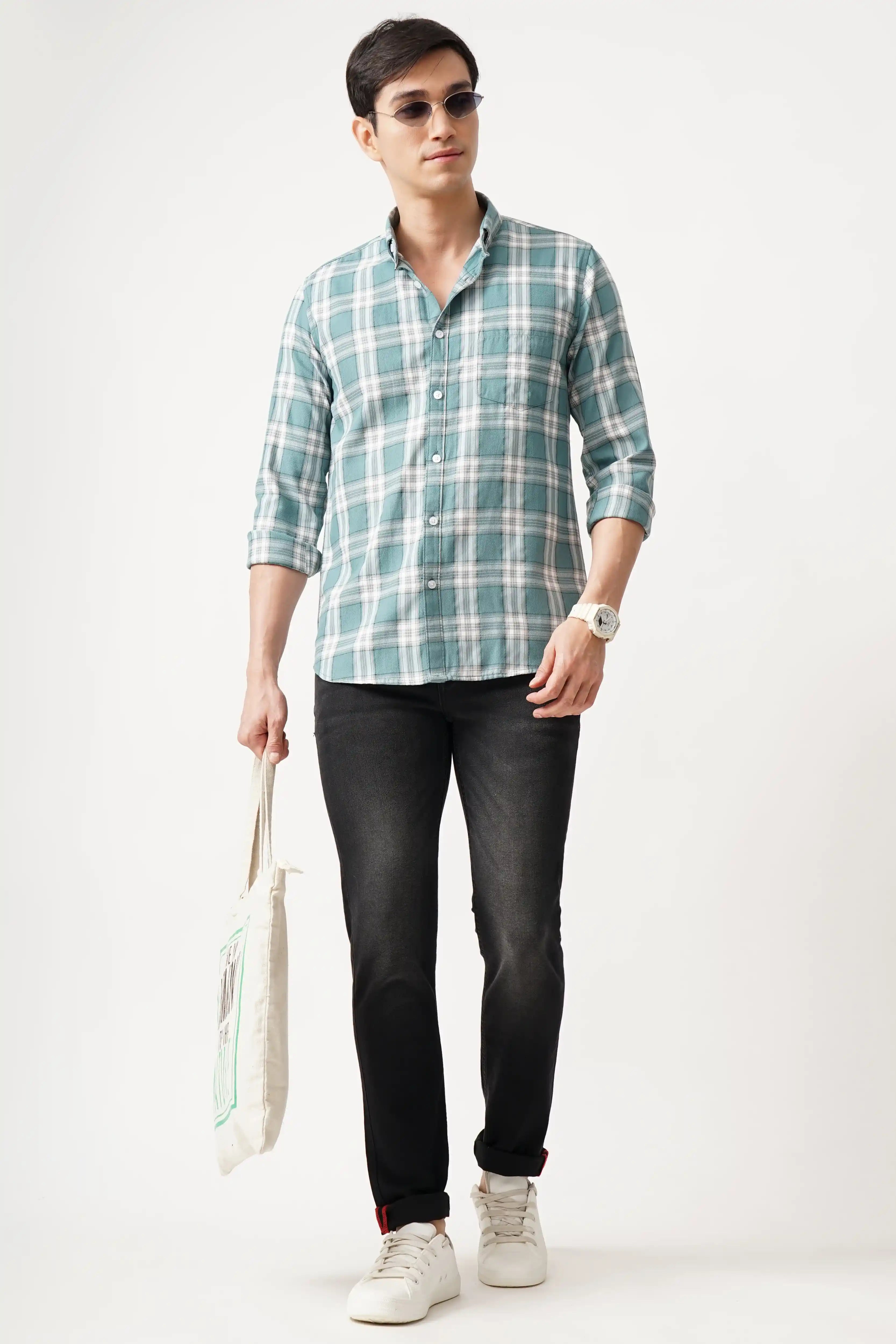 BRUMIX CHECK SHIRT with cotton fabric and comfort fit, styled with black jeans and white sneakers.