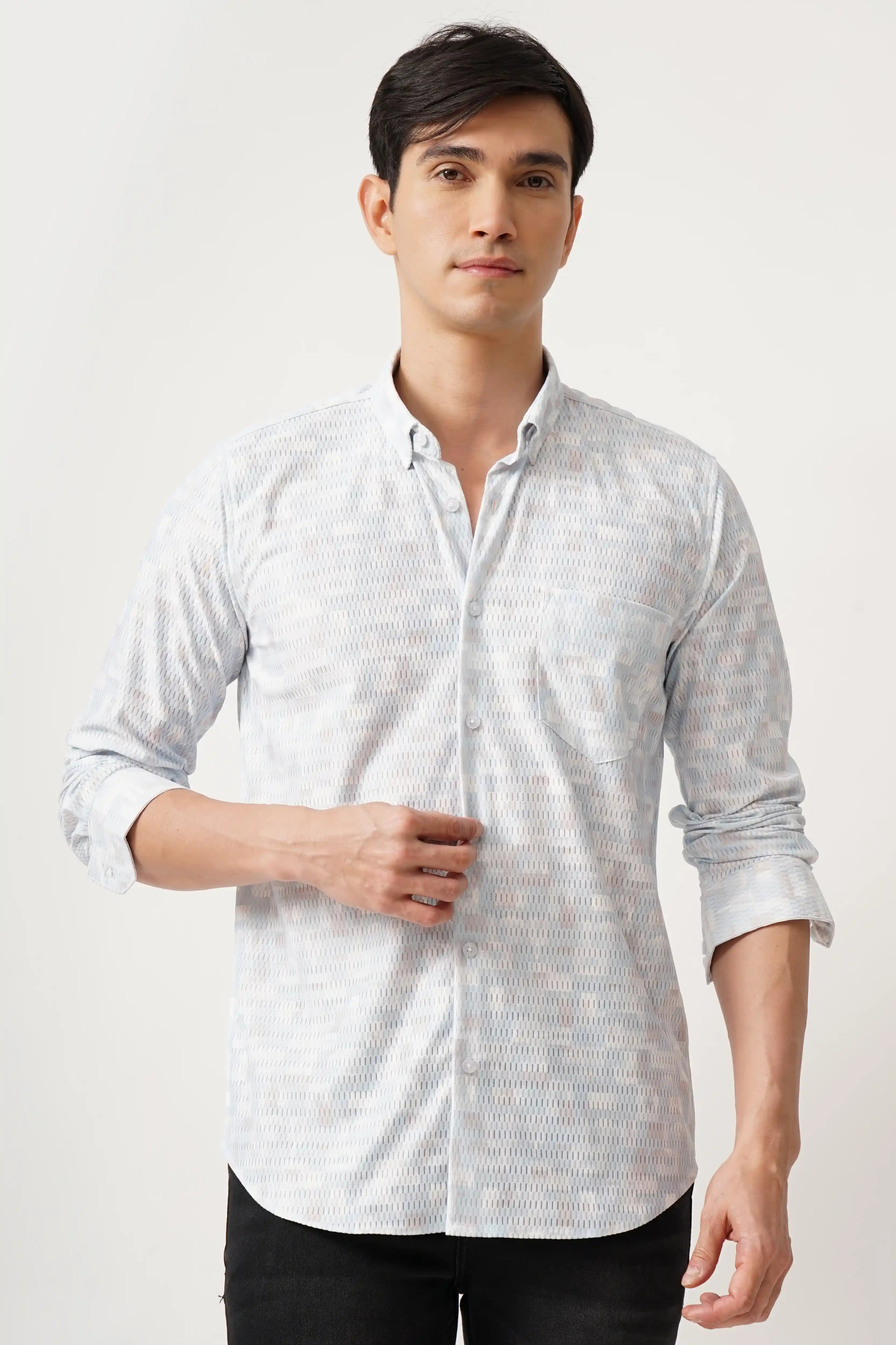 Cotlite Blue Printed Shirt with subtle viscose print in comfort fit design.