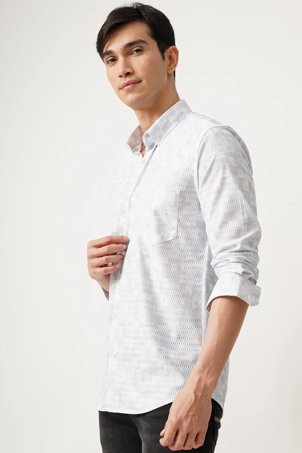 Cotlite blue printed shirt with light viscose pattern, offering comfort fit and premium cotton fabric.