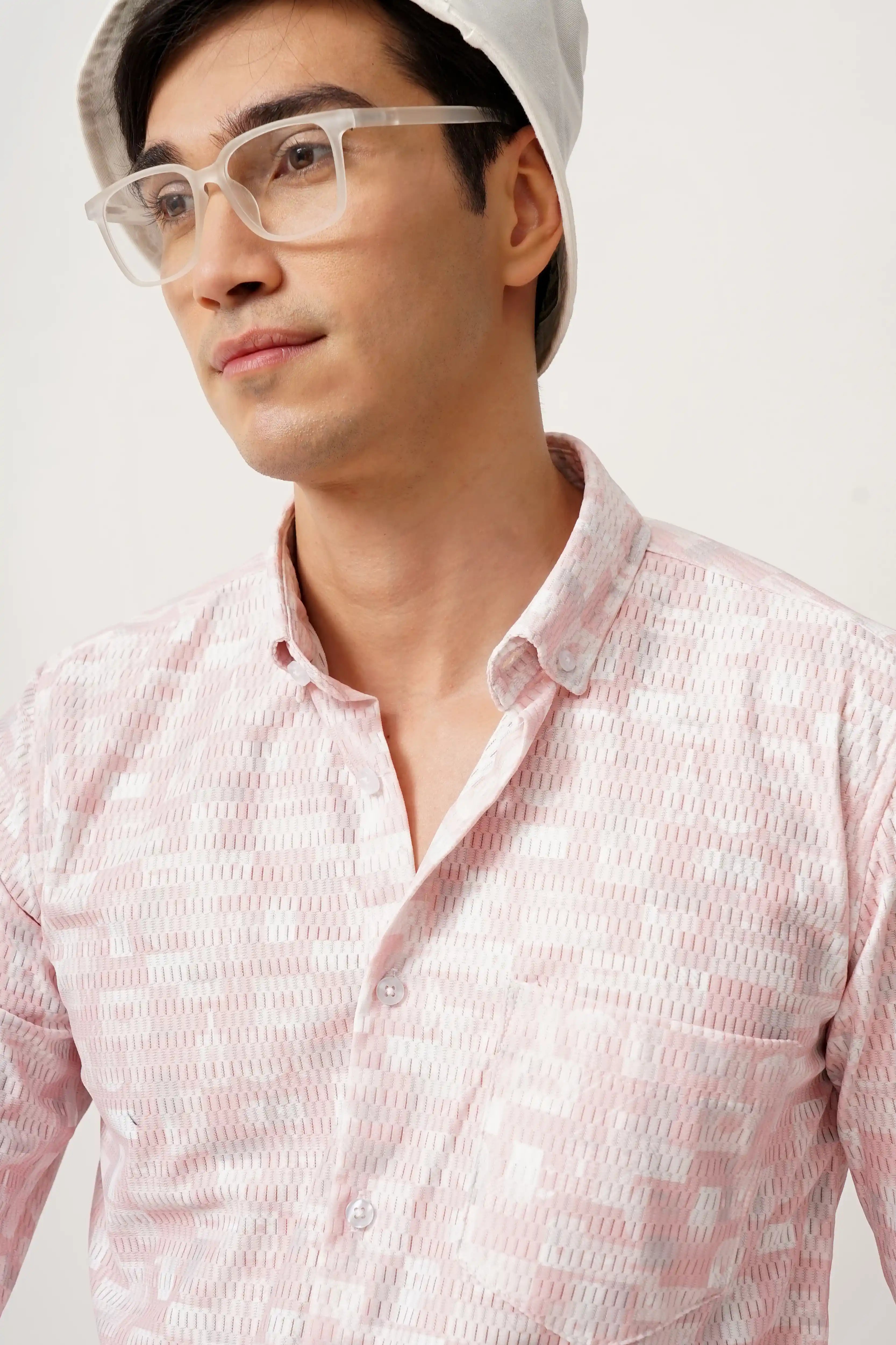 Man wearing Linoprint printed shirt with subtle light print design.