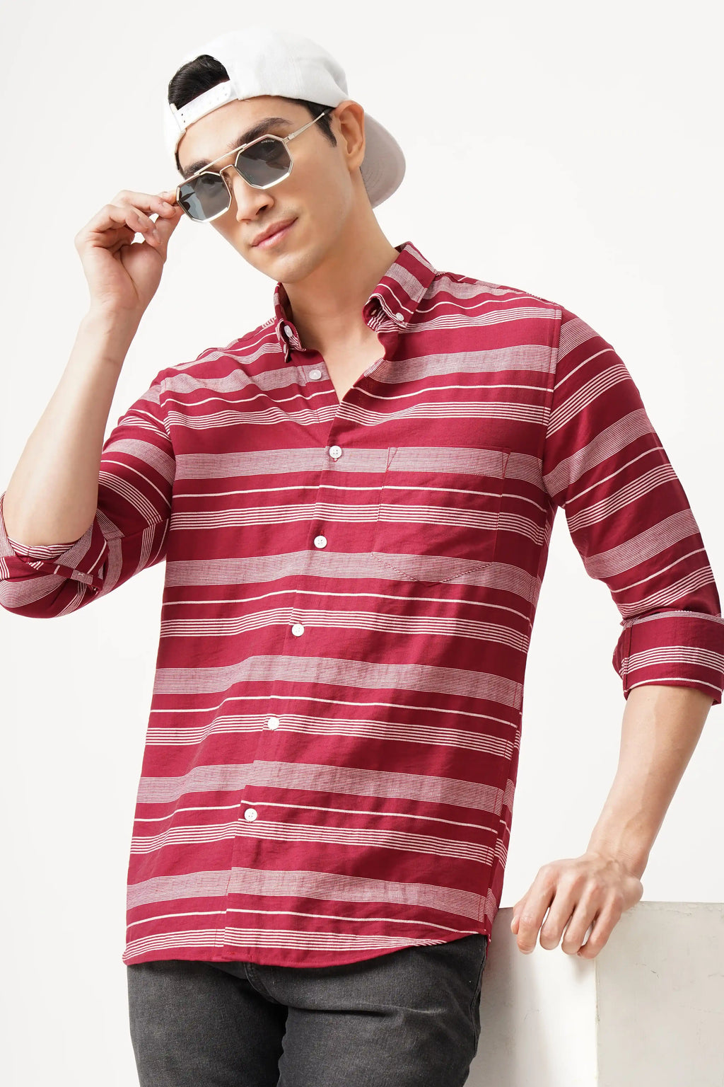 Striped red shirt in breathable cotton with bold pattern and comfort fit.