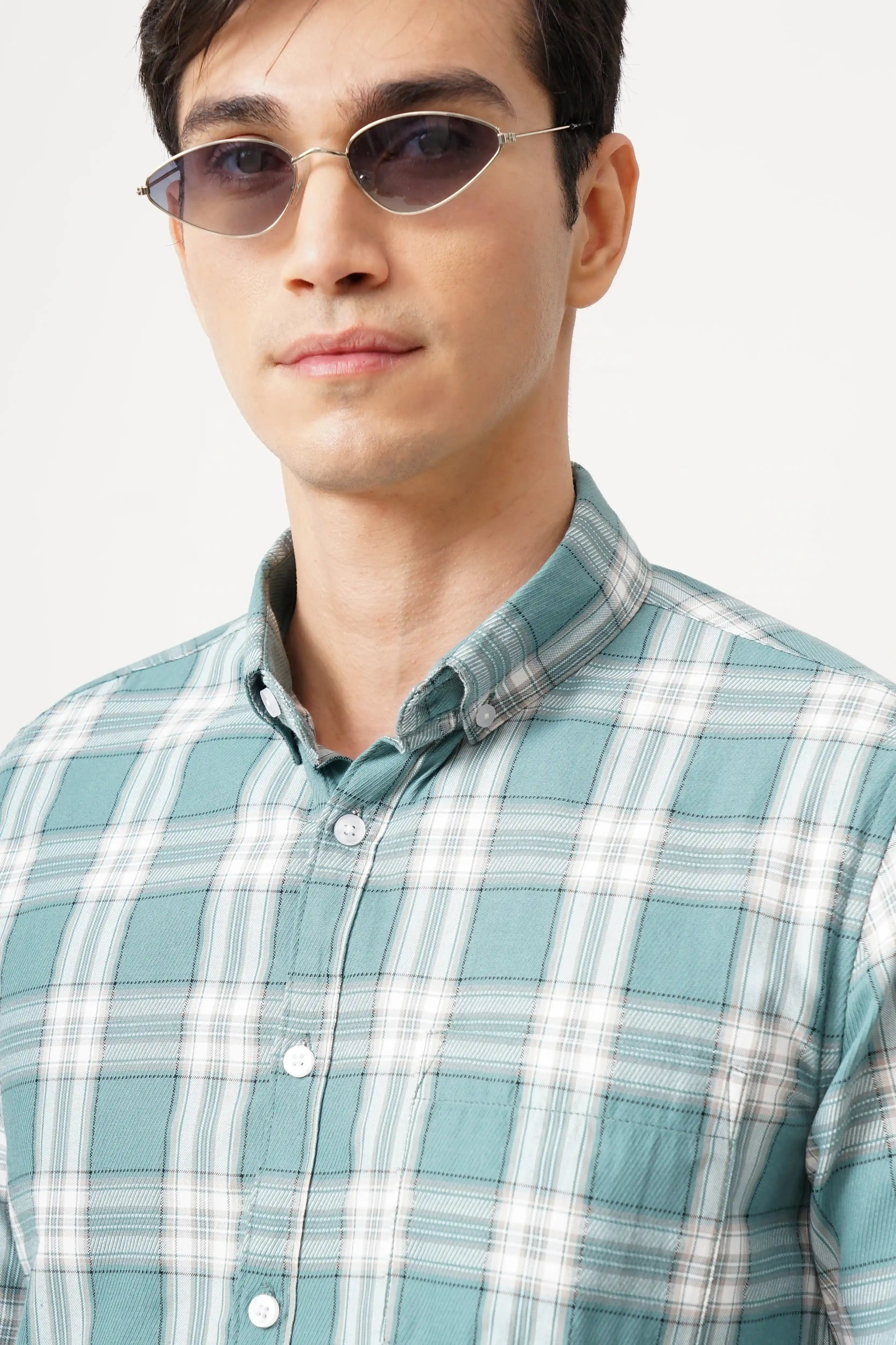BRUMIX CHECK SHIRT in green checkered pattern, comfort fit, ideal for casual and formal wear.