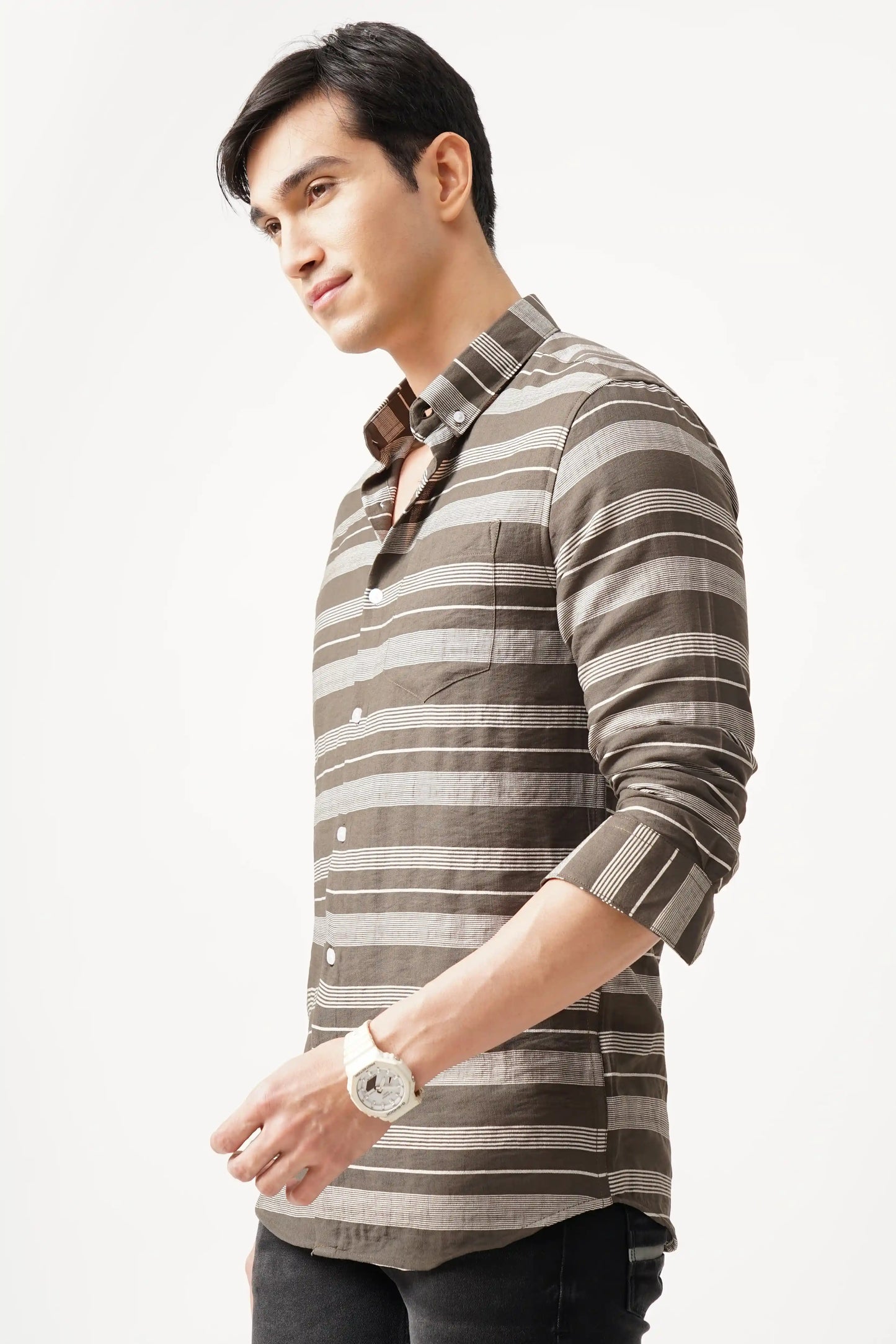 Beige striped shirt with a casual fit.