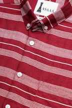 Bold striped red cotton shirt with white lines, featuring a button-down collar.