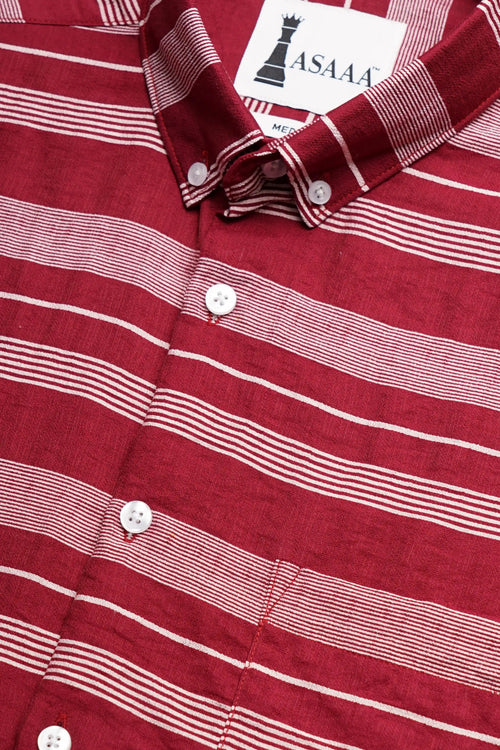 Bold striped red cotton shirt with white lines, featuring a button-down collar.