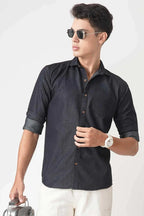 Men's black denim shirt made from cotton, offering a stylish and comfortable fit.
