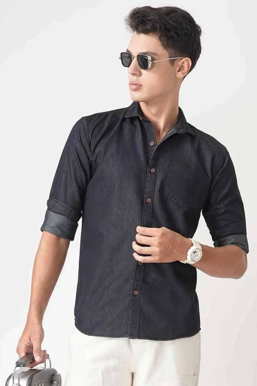 Men's black denim shirt made from cotton, offering a stylish and comfortable fit.