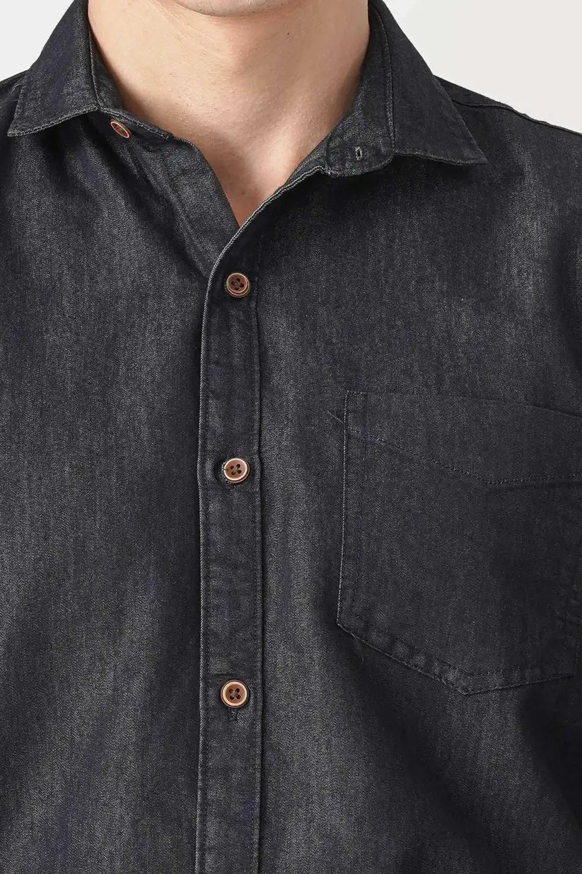 Men's black denim shirt, cotton fabric, stylish and comfortable.