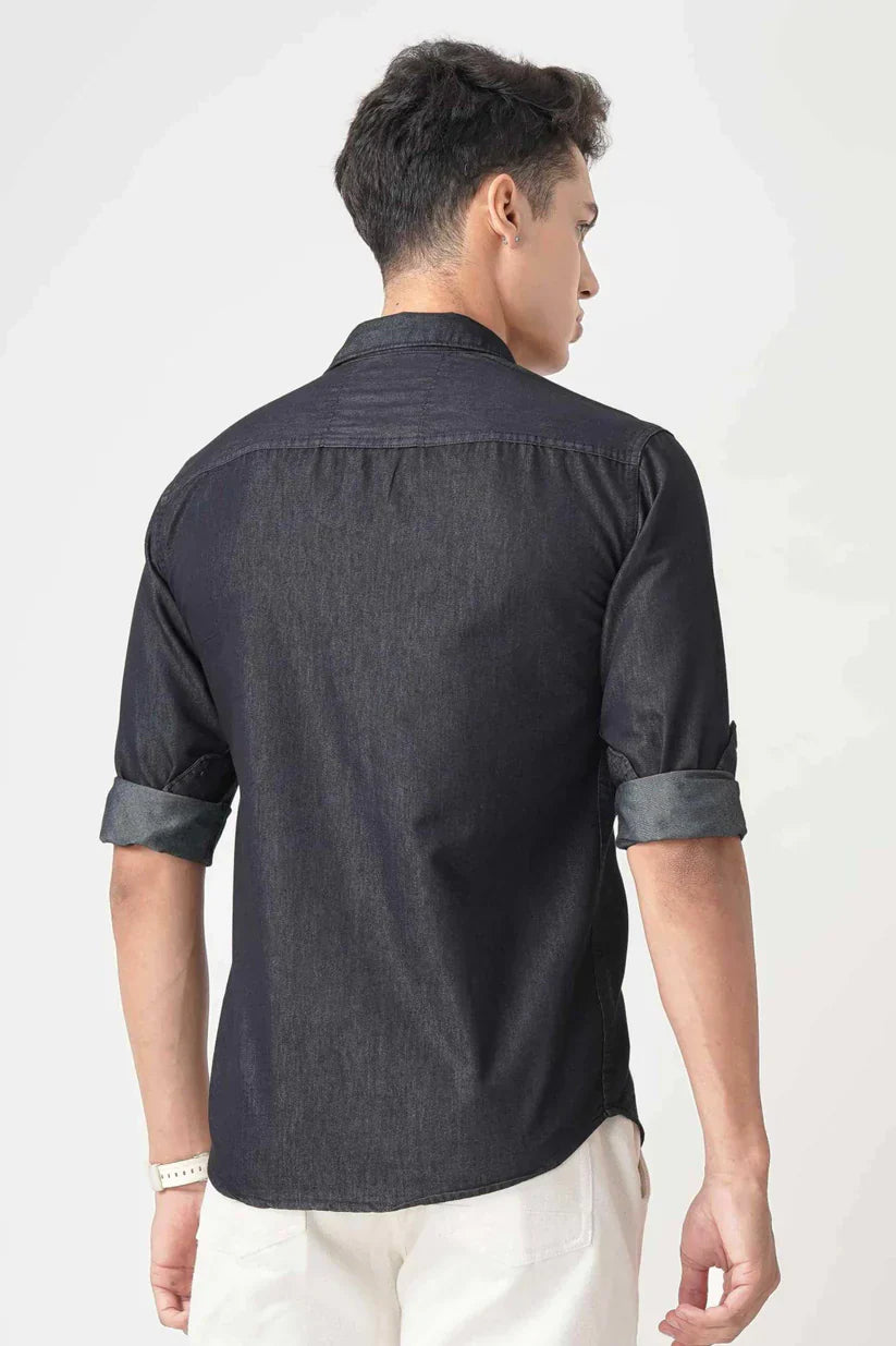 Men's black denim shirt made from cotton, stylish and comfortable.