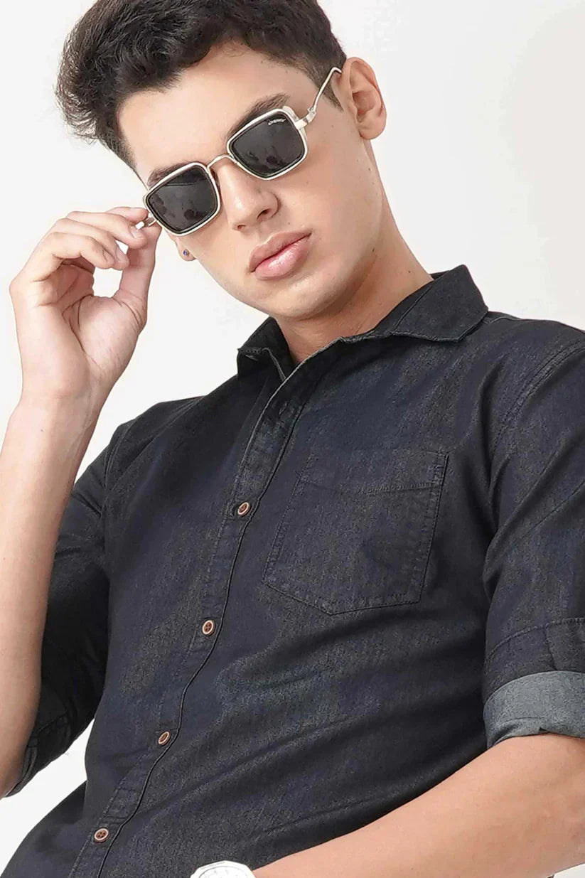 Men's stylish black denim shirt, cotton fabric, comfortable fit.