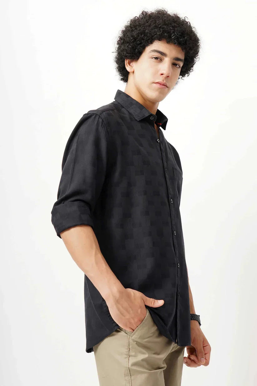 Men's black jacquard shirt, stylish and comfortable.