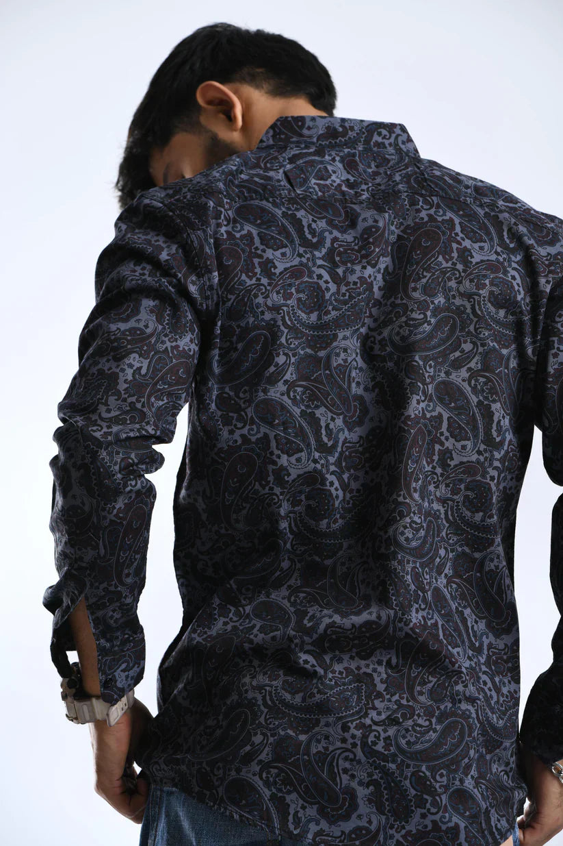 BLACK PRINTED SHIRT with grey pattern, 100% cotton fabric, stylish and comfortable for men.