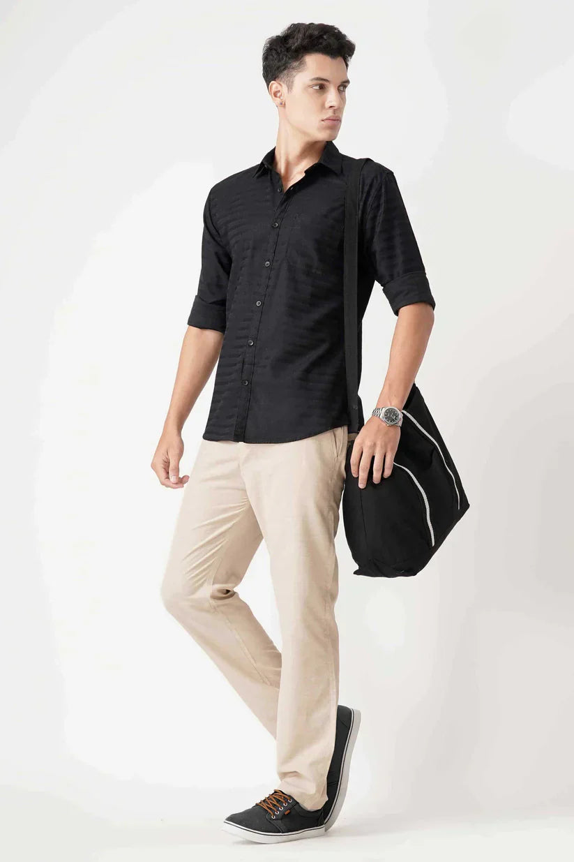 Black striped shirt for men, 100% cotton, elegant design.