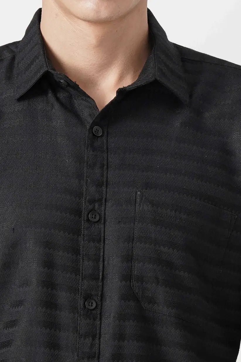 Men's black striped shirt made from 100% cotton fabric.