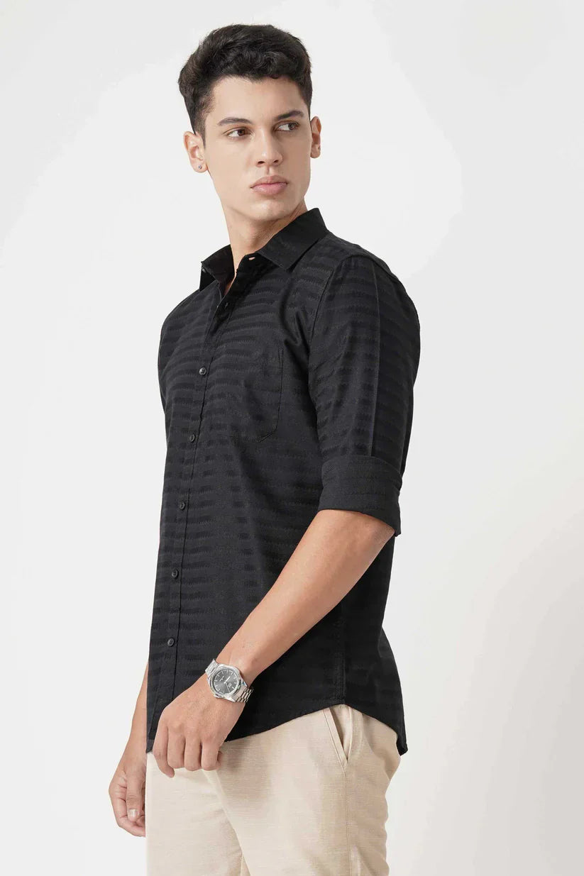 Men's black striped shirt, 100% cotton, ultra-soft fabric, classic design.