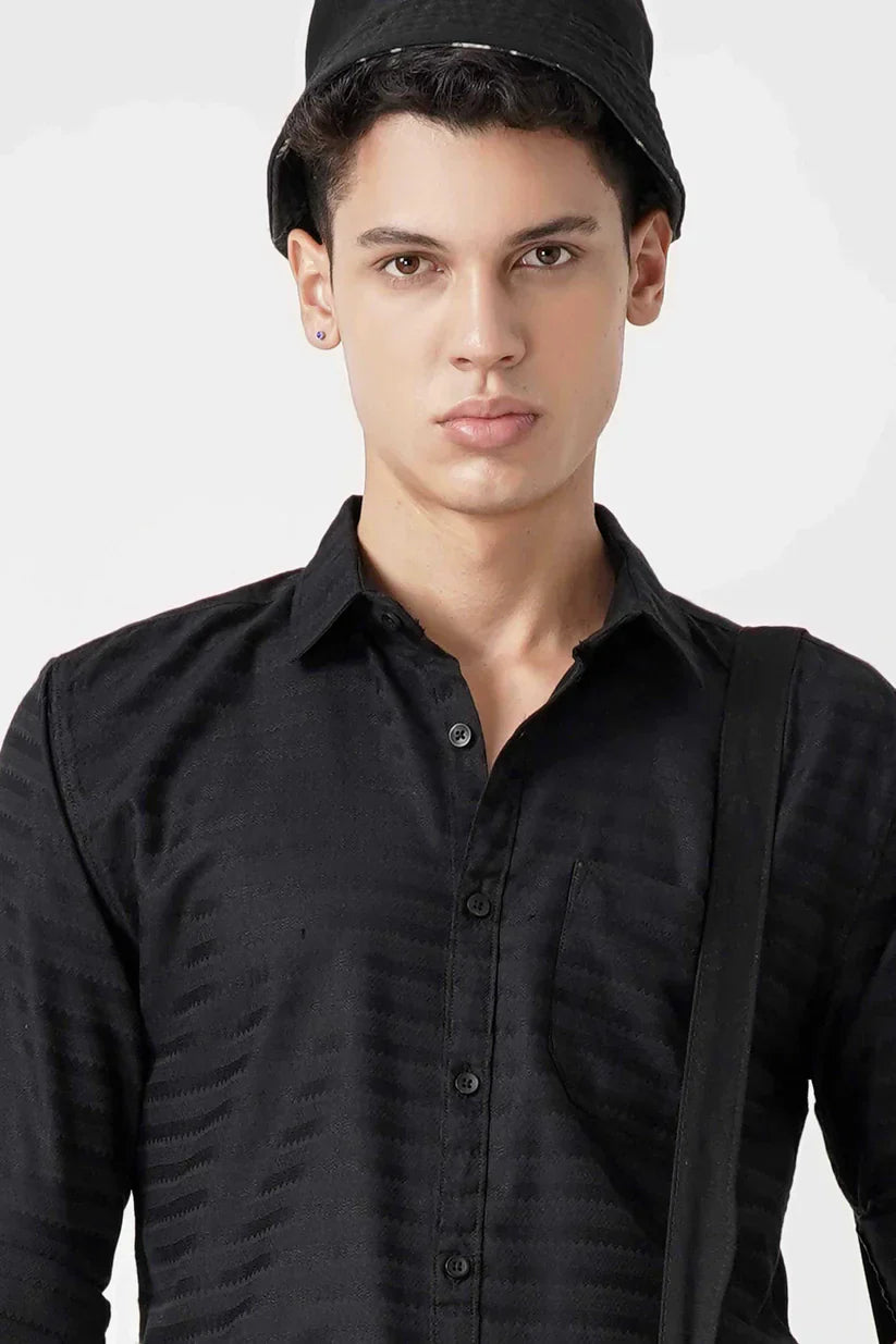 Men's black striped shirt, 100% cotton, classic design.