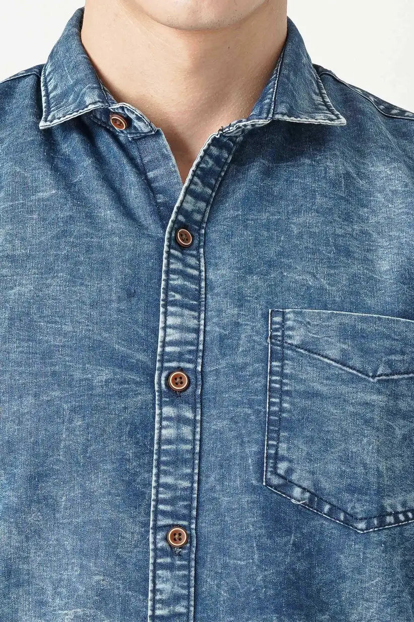 Blue denim shirt for men, trendy and durable design.