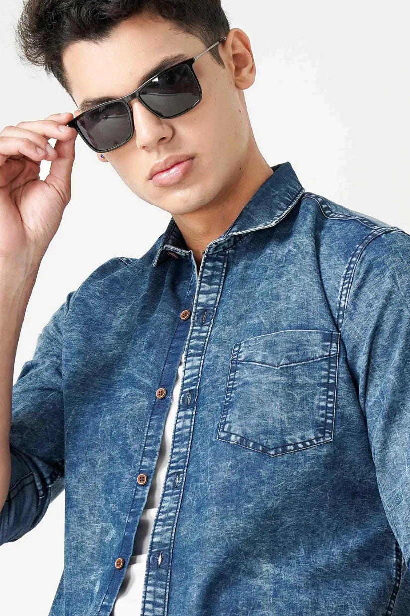 Men's trendy blue denim shirt made from used denim fabric.