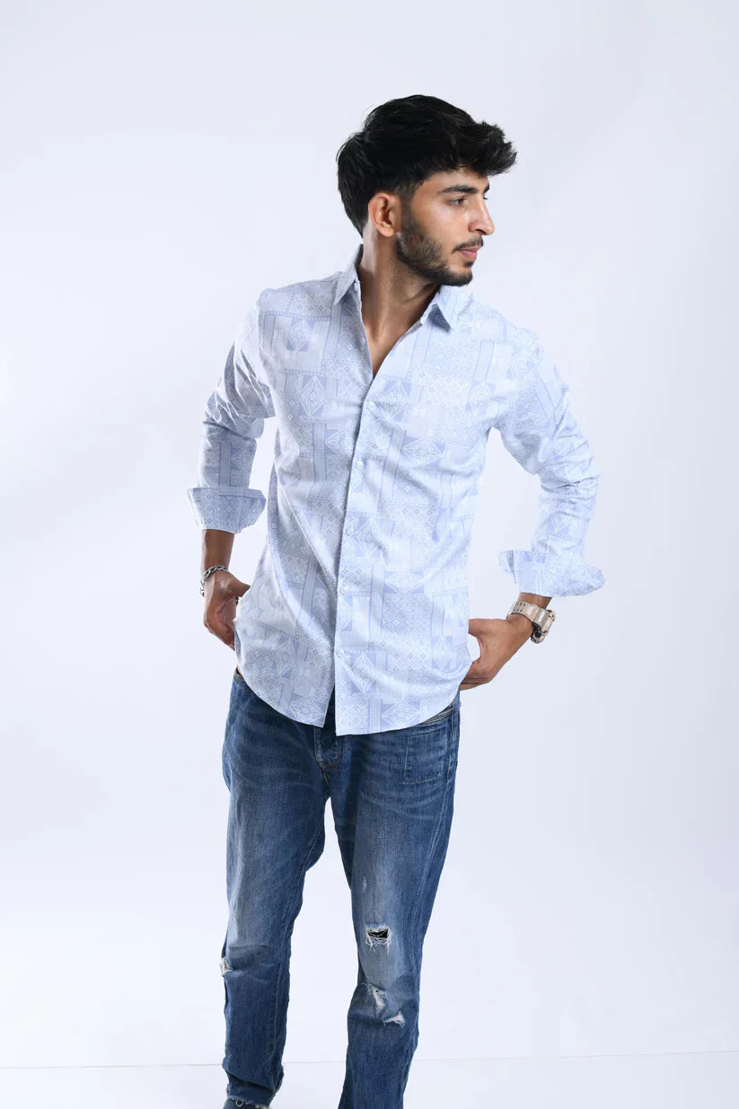 Blue geometric pattern shirt for men made of cotton blend lycra fabric.