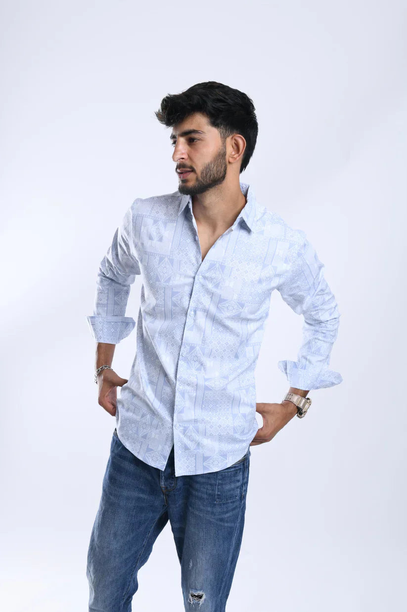 Blue geometric pattern shirt for men, cotton blend lycra fabric, stylish and comfortable.