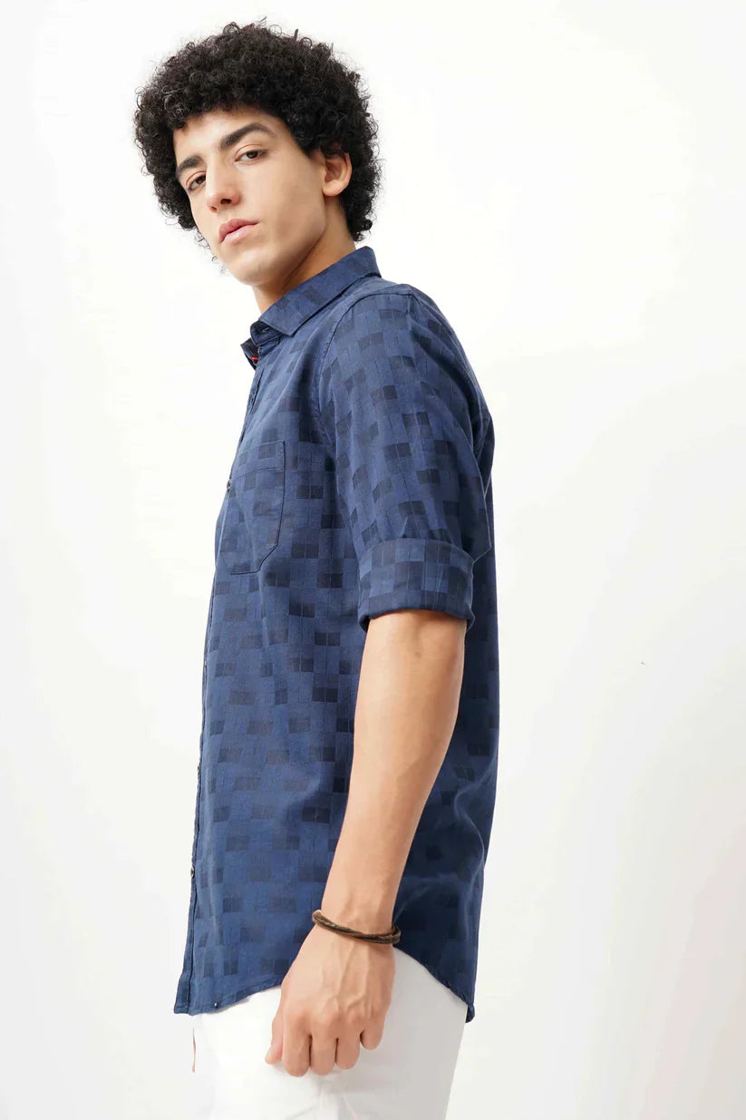 Dark blue jacquard shirt for men, stylish and soft fabric.