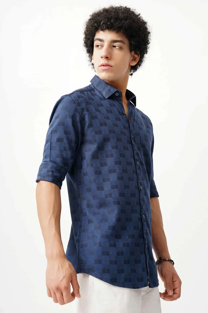 Men's stylish dark blue jacquard shirt, ultra soft fabric, classic design.