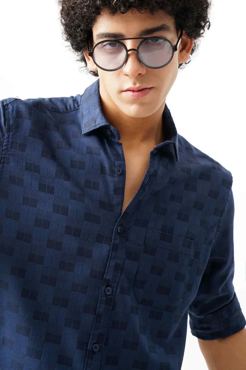 Blue jacquard shirt for men, ultra soft fabric, stylish dark blue design.