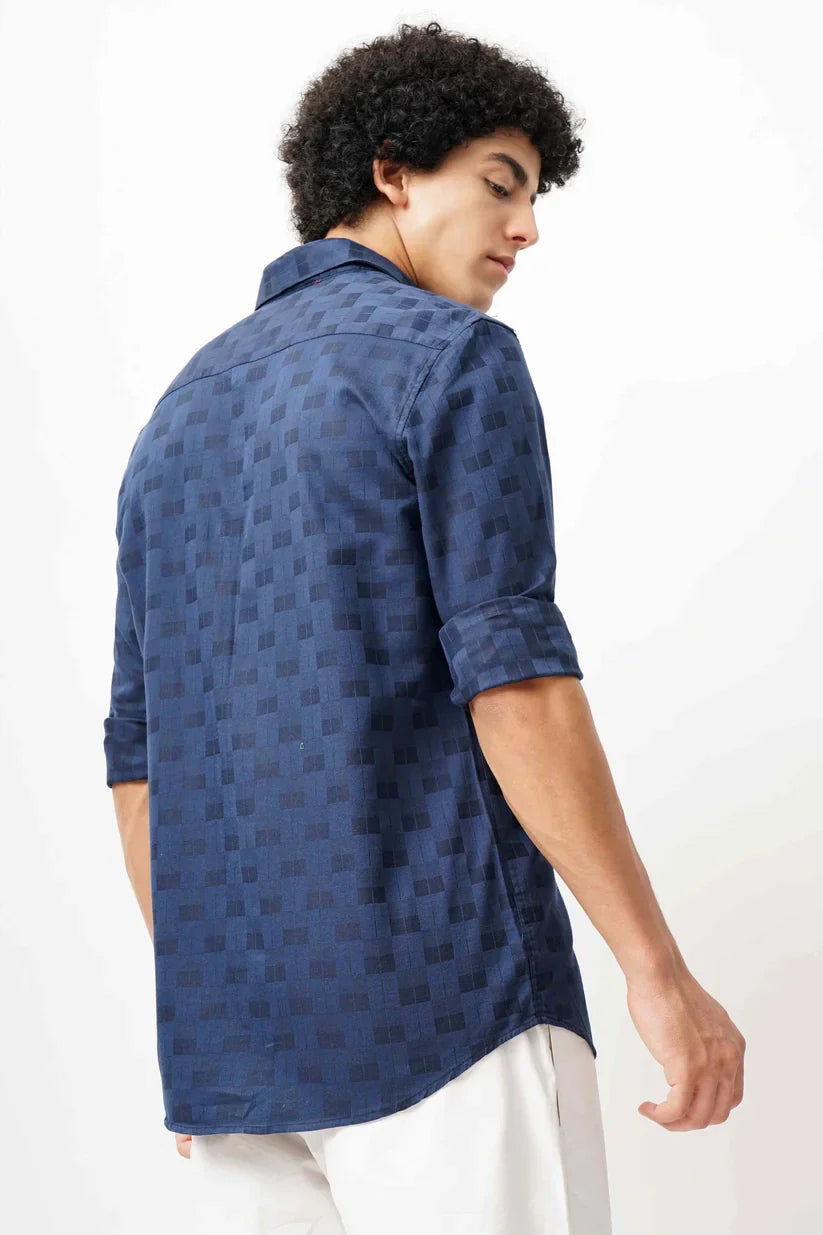 Blue jacquard shirt for men, ultra-soft fabric, classic dark blue design.