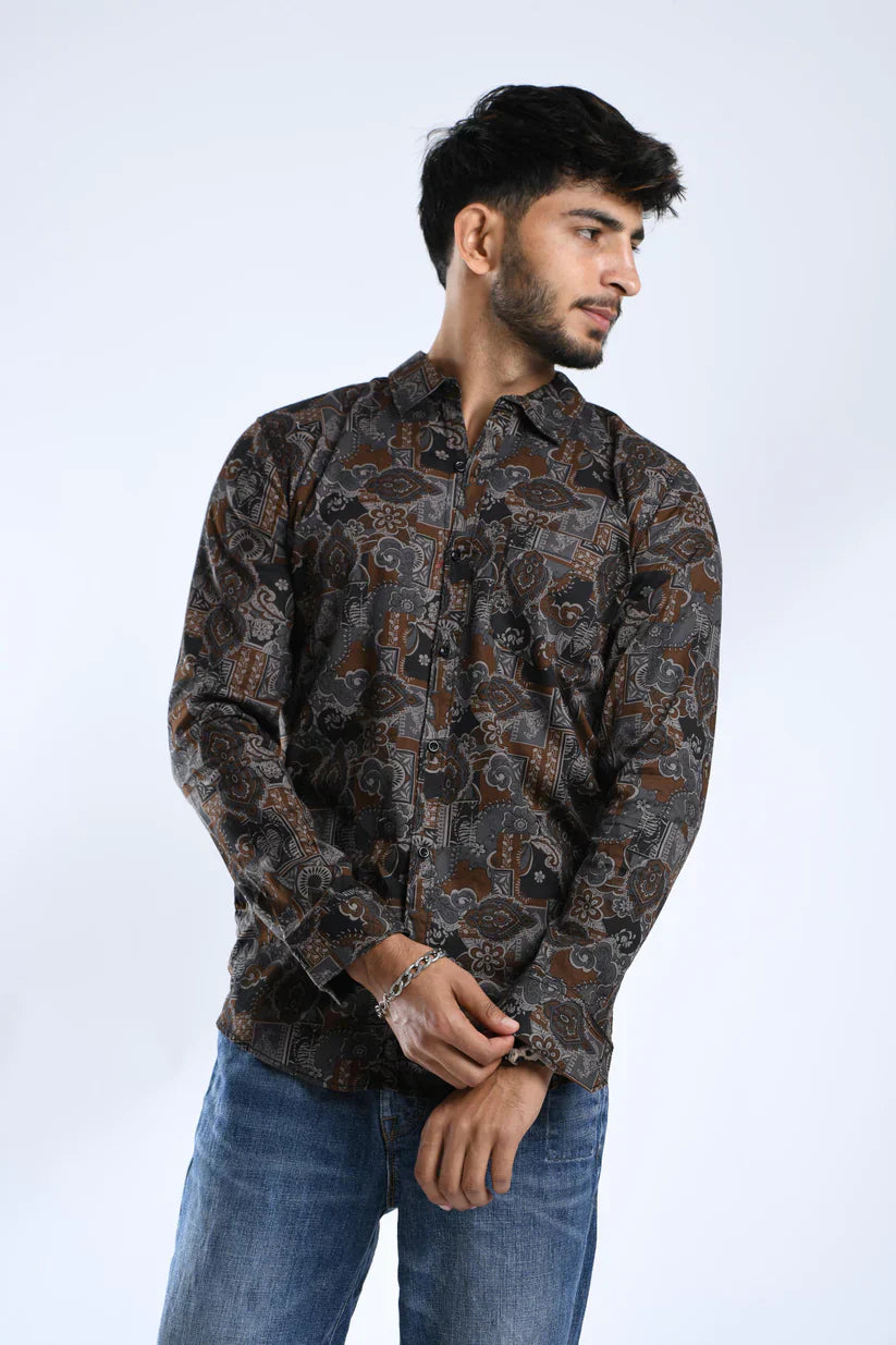 BROWNIE GREY PRINTED SHIRT, 100% cotton, stylish men's shirt with unique prints.