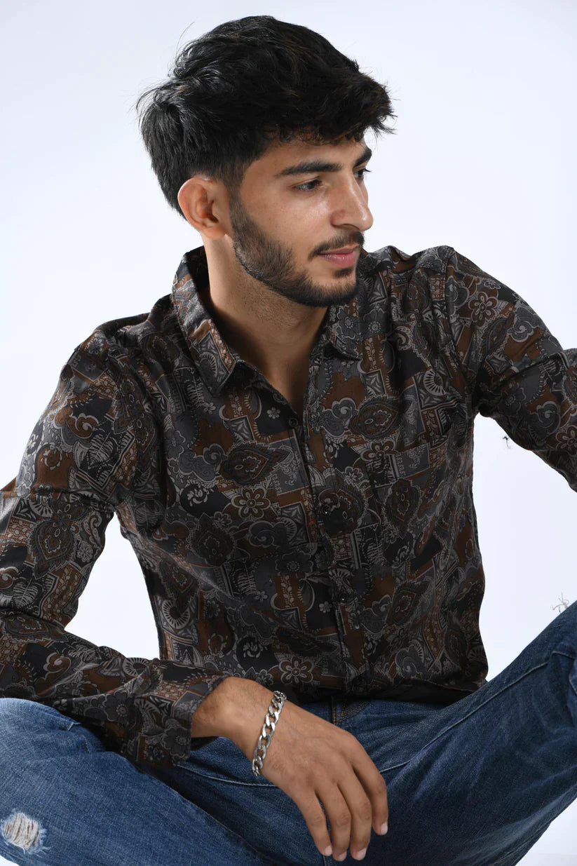 Brownie grey printed shirt for men made from 100% cotton.