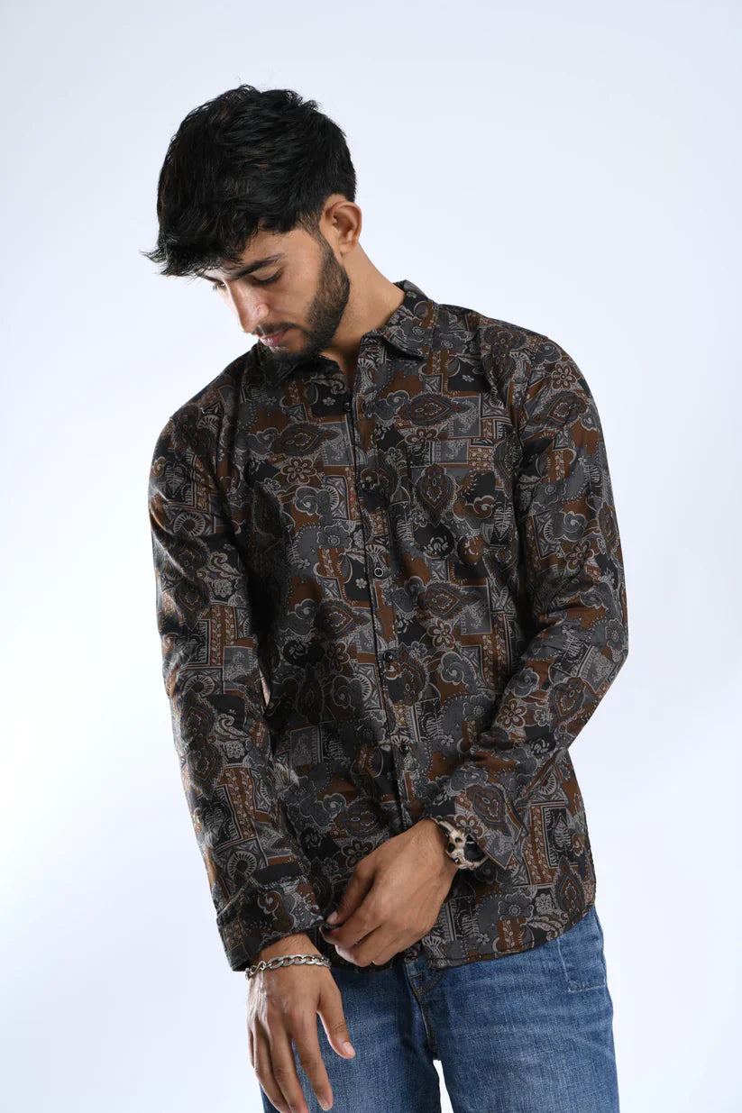 brownie grey printed shirt for men, 100% cotton, unique design, premium comfort