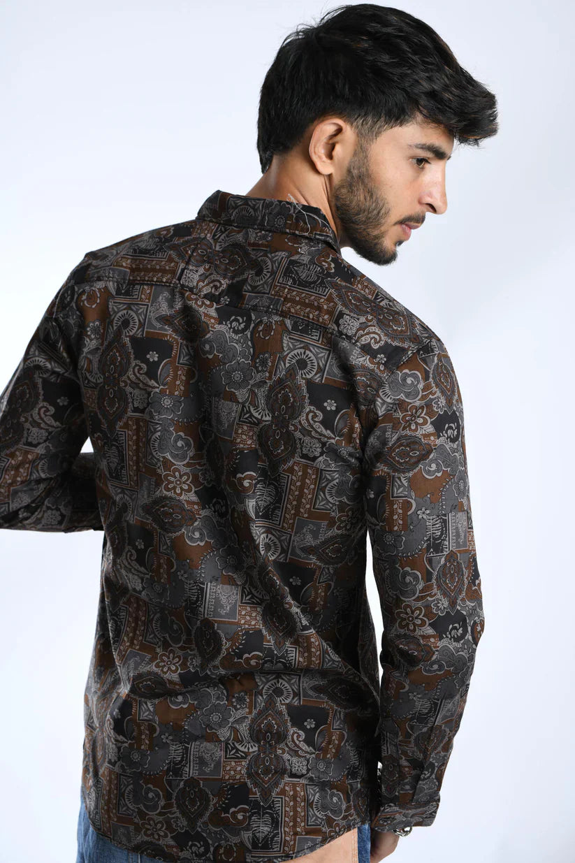 Brownie grey printed shirt for men made with 100% cotton.