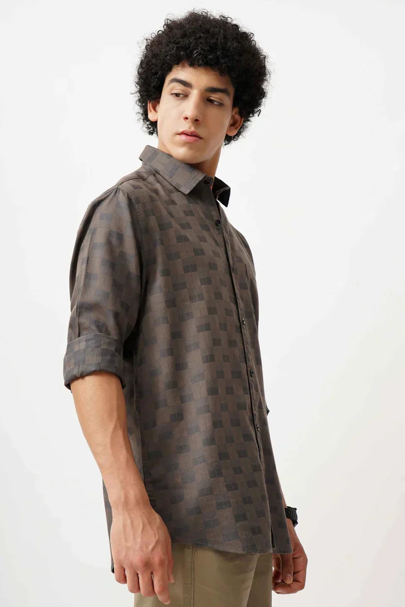 BAIGE JACQUARD SHIRT on male model displaying pattern and fit