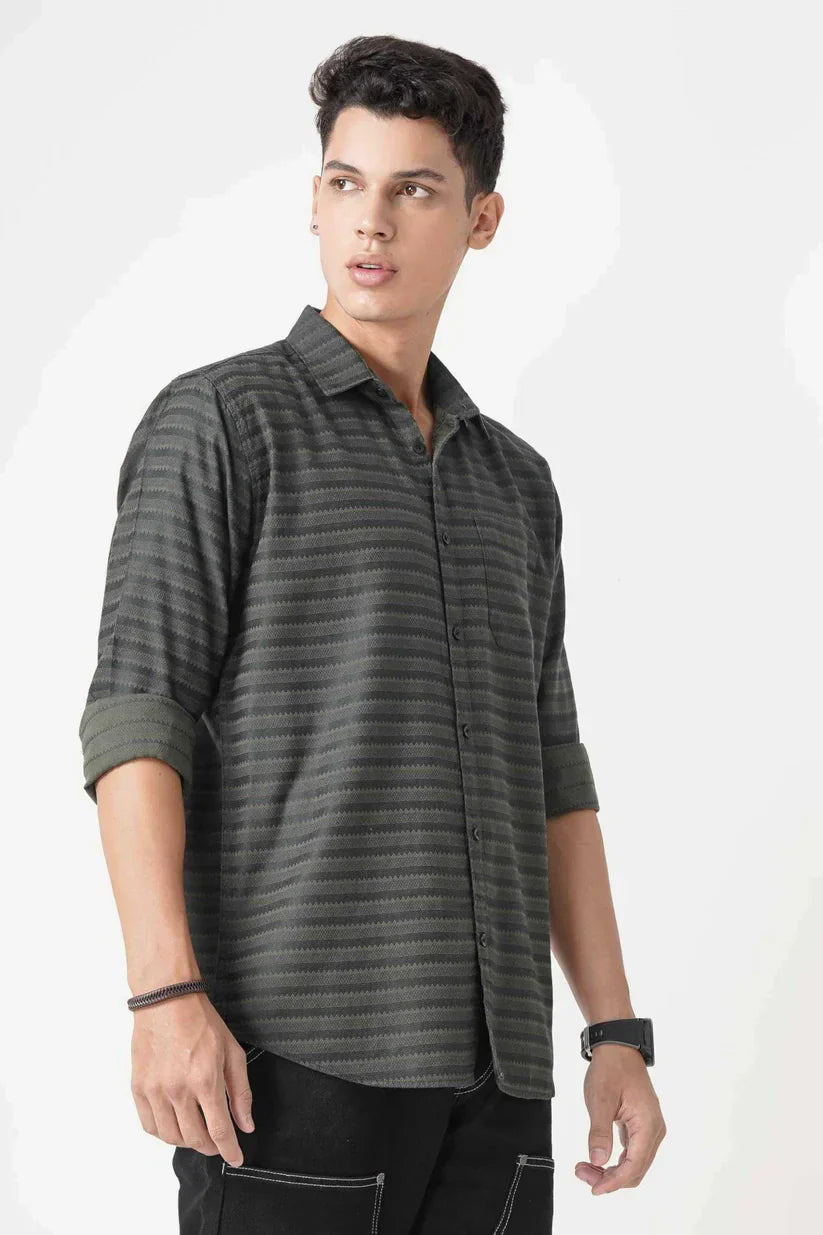 Men's dark green striped shirt, 100% cotton, classic design.