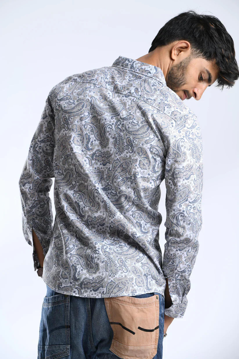 Boy wearing a stylish full cream printed shirt made with 100% cotton, offering unique design and premium comfort.