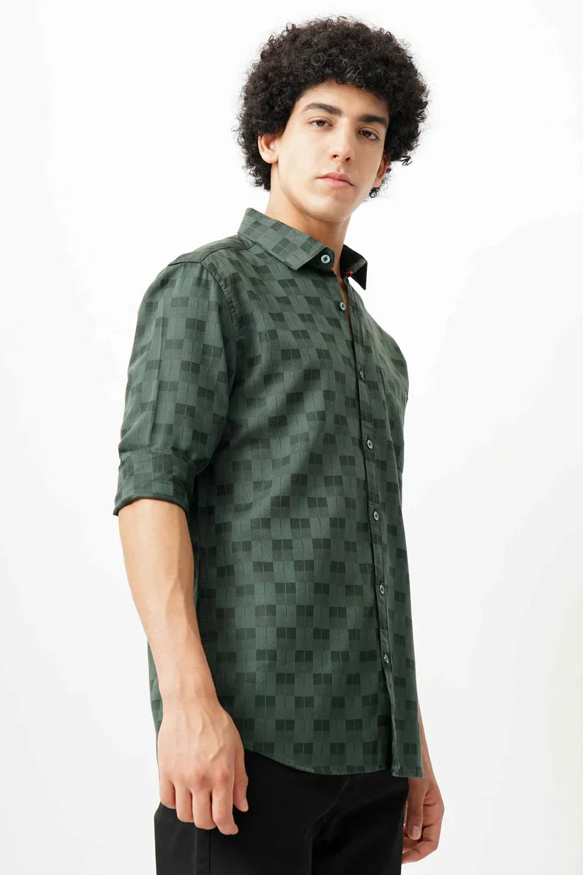 Dark green jacquard shirt for men, ultra soft fabric, classic design.