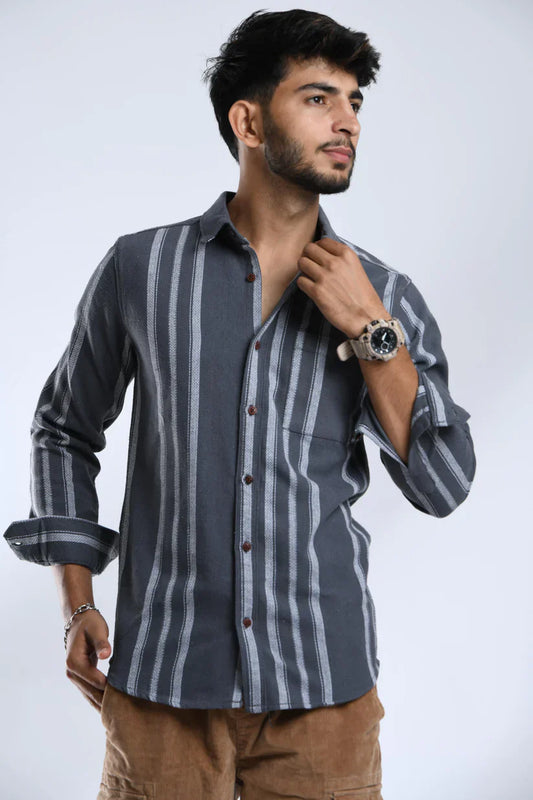 Grey and white striped shirt for men, mock linen cotton fabric, classic style.