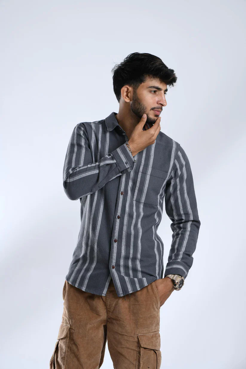 grey and white striped shirt for men, cotton fabric, casual timeless style