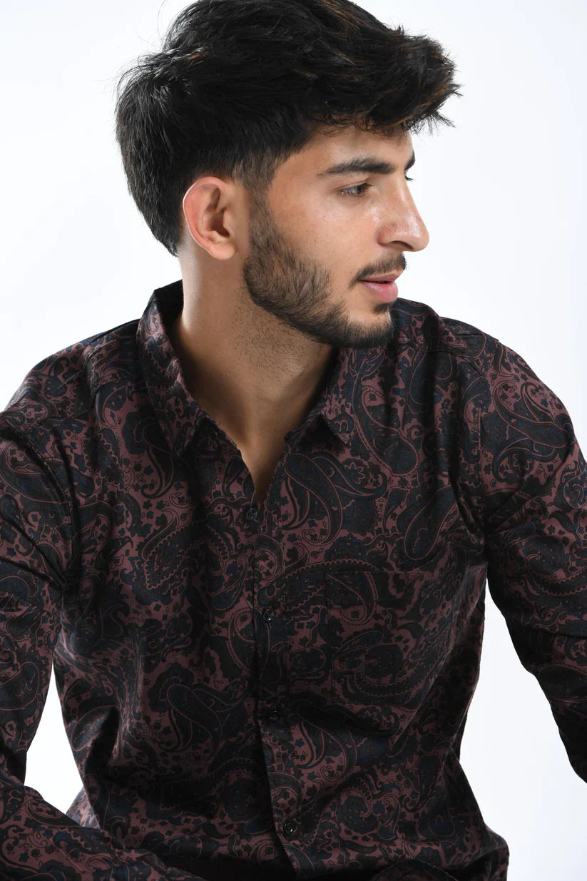 Maroon paisley shirt on a man, 100% cotton, unique design.